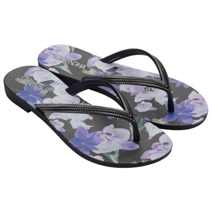 Chinelo Feminino Grendha Mais Acai Energia - 18060 - Preto Floral Lilas - Atacado