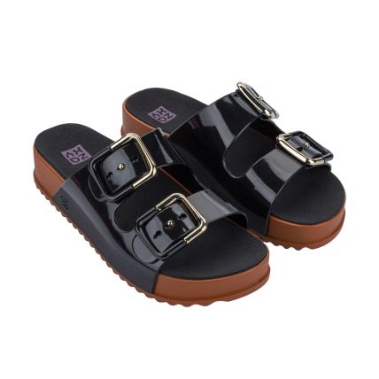 Chinelo Slide Feminino Zaxy Partner Soft - 19333 - Preto/marrom Cacau - Atacado