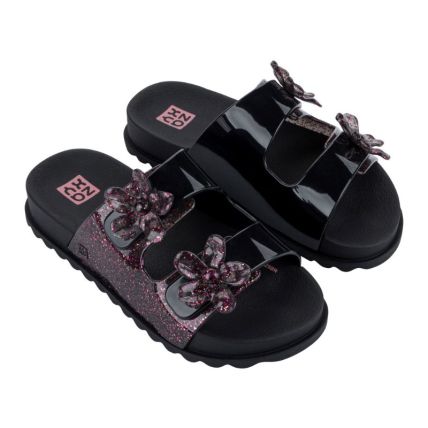 Chinelo Slide Infantil Zaxy Partner Flowers - 19387 - Preto Glitter - Atacado