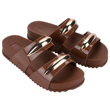 Chinelo Slide Feminino Zaxy Metal - 19272 - Marrom Cacau Medio - Atacado