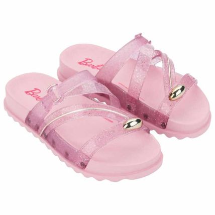 Chinelo Slide Infantil Barbie Deluxe - 23436 - Rosa Claro/glitter - Atacado