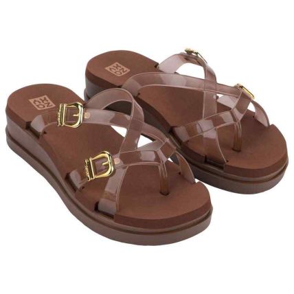 Chinelo Slide Feminino Zaxy Strips - 19525 - Marrom Urso Transparente - Atacado