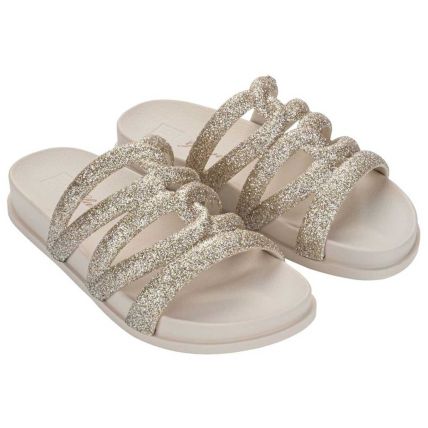 Chinelo Slide Feminino Zaxy Glamour - 19468 - Off White Claro/glitter - Atacado
